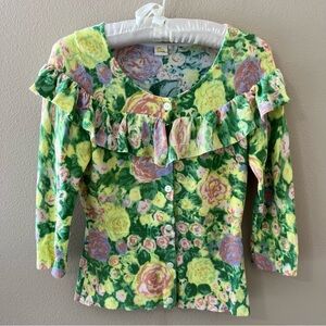Anthropologie Yellow Bird Cardigan Sweater S Small Spring Floral Ruffle Green